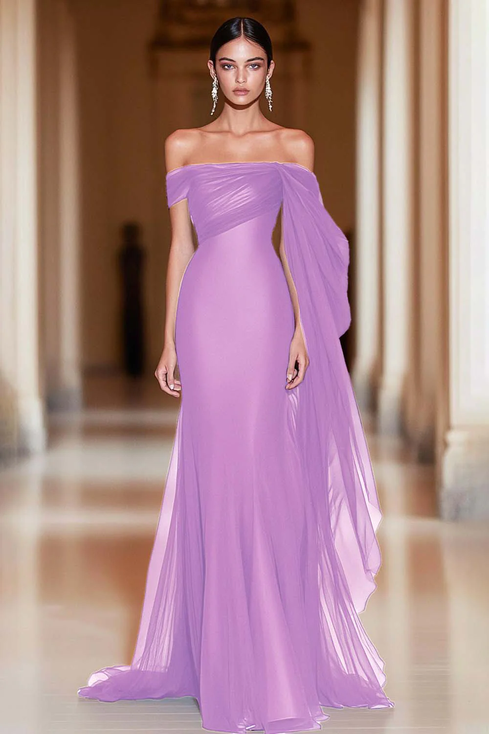 Cabernet Off the Shoulder Mermaid Tulle Long Military Ball Dress - Image 9