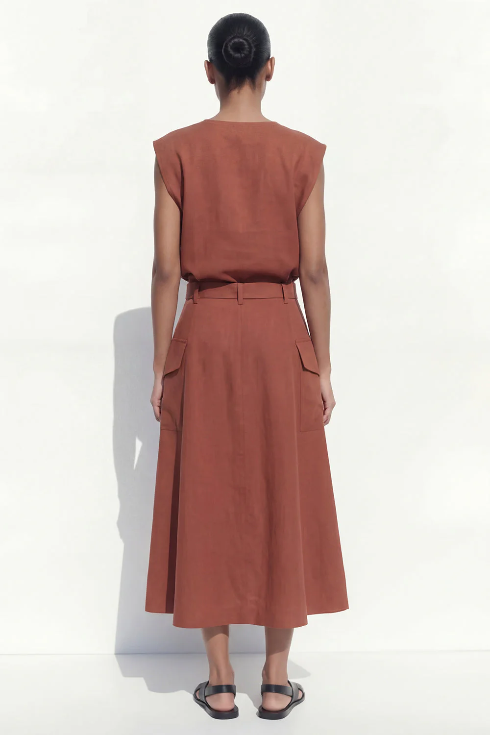 Caramel A-Line Cap Sleeves V-Neck Midi Work Dress with Belt - Image 2
