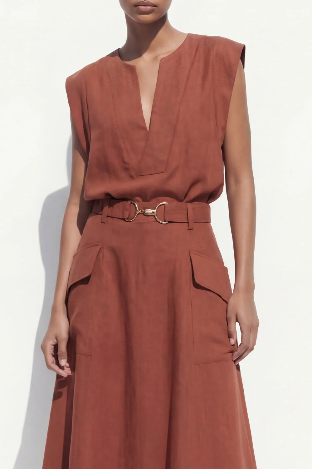 Caramel A-Line Cap Sleeves V-Neck Midi Work Dress with Belt - Image 3