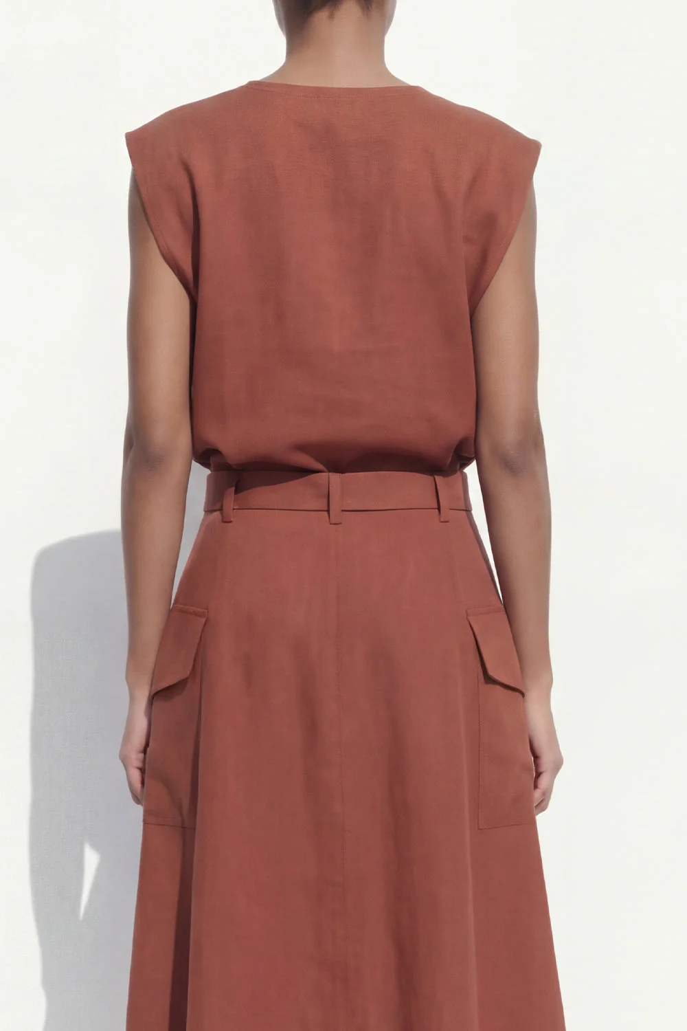Caramel A-Line Cap Sleeves V-Neck Midi Work Dress with Belt - Image 4