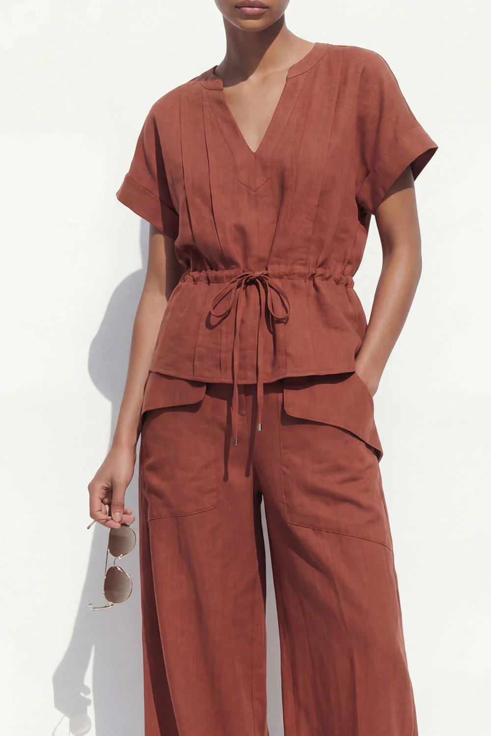Caramel V-Neck Short Sleeves Women Suit with Belt - Image 3