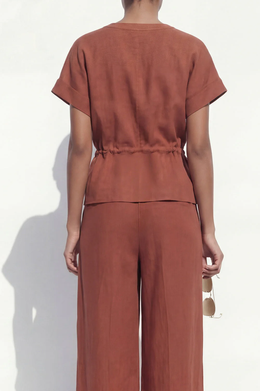Caramel V-Neck Short Sleeves Women Suit with Belt - Image 4