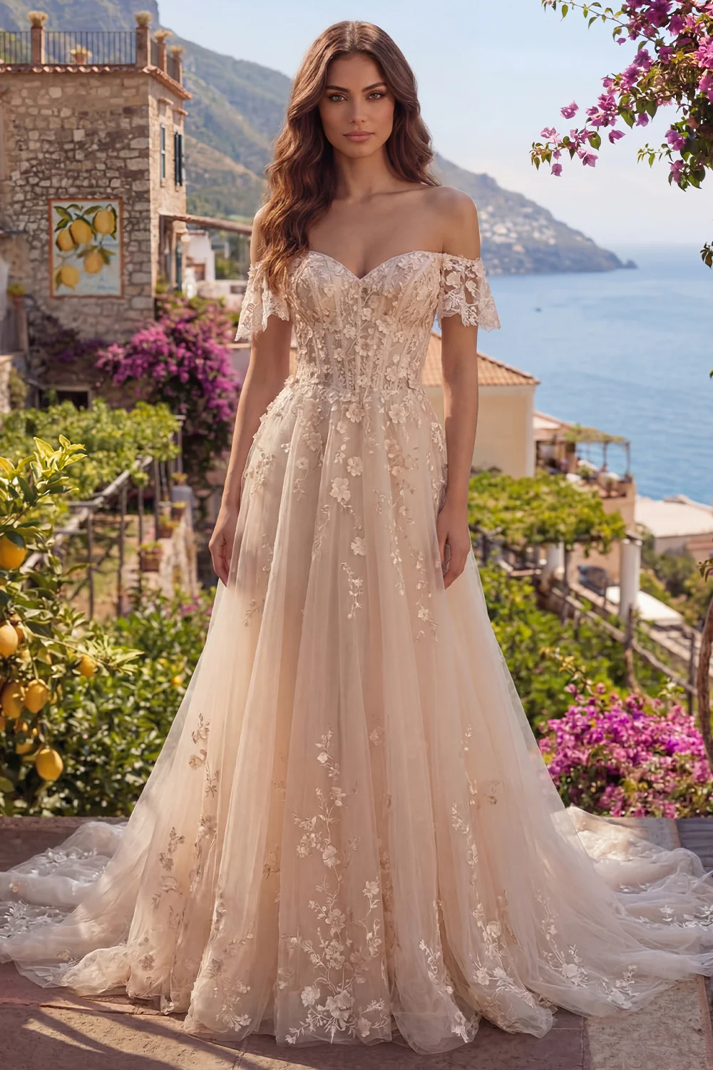 Champagne A Line Off The Shoulder Long Corset Prom Dress with 3D Flowers