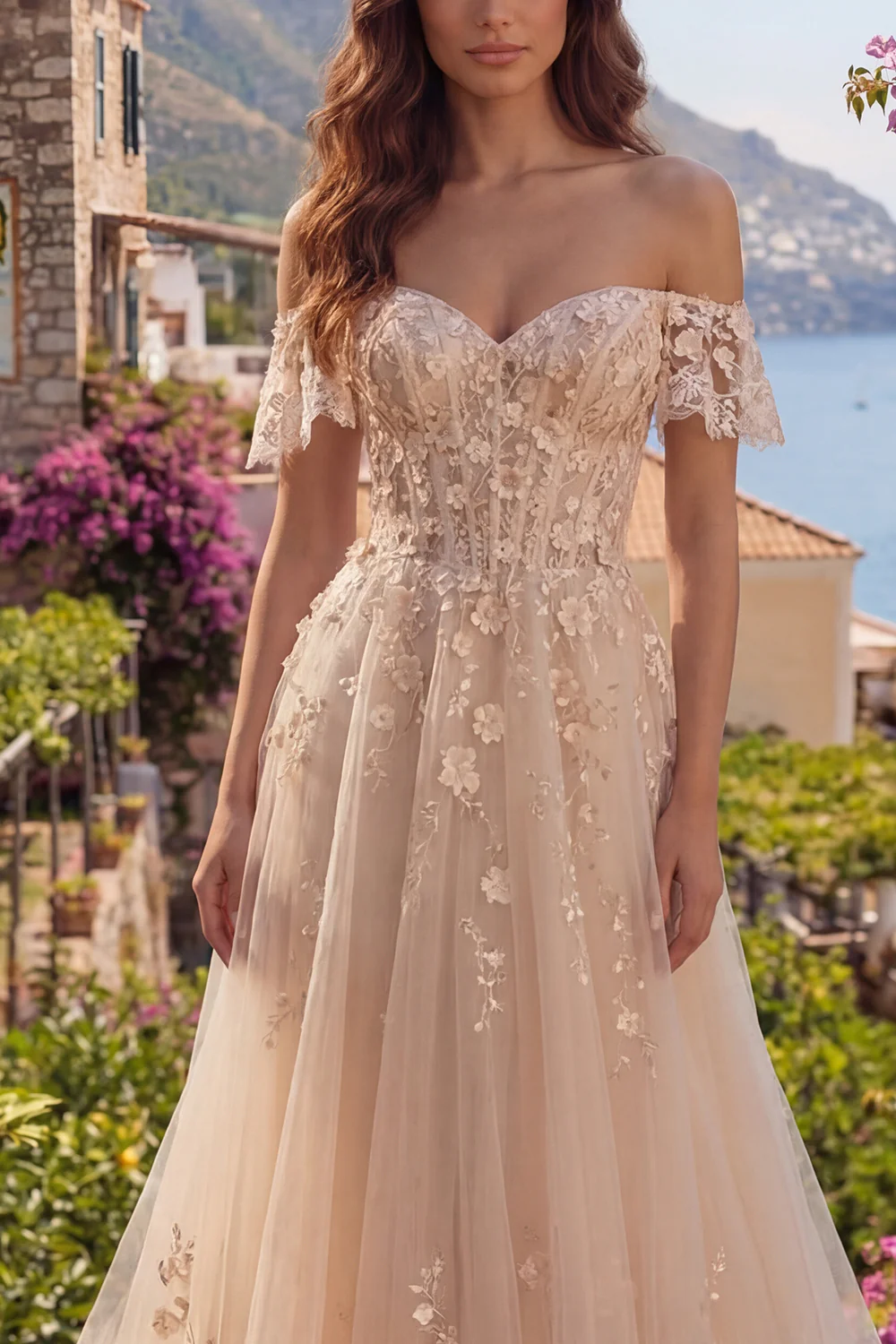 Champagne A Line Off The Shoulder Long Corset Prom Dress with 3D Flowers - Image 3