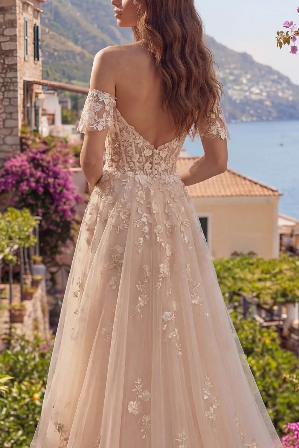 Champagne A Line Off The Shoulder Long Corset Prom Dress with 3D Flowers - Image 4