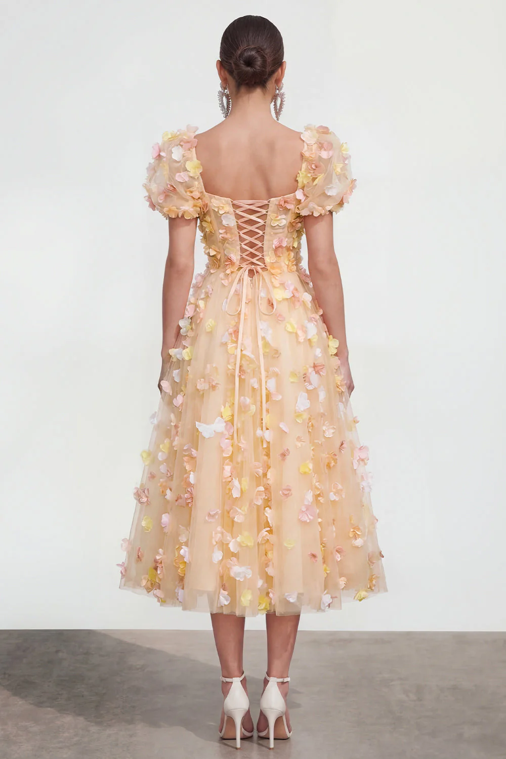 Champagne A Line Puff Sleeves Lace Up Back Floral Dress with 3D Flowers - Image 2