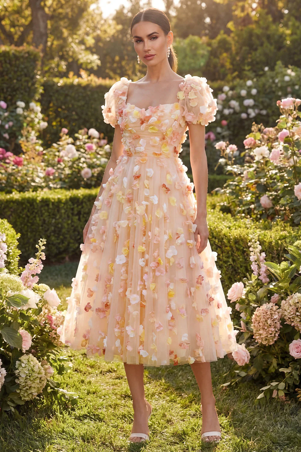 Champagne A Line Puff Sleeves Lace Up Back Floral Dress with 3D Flowers - Image 3