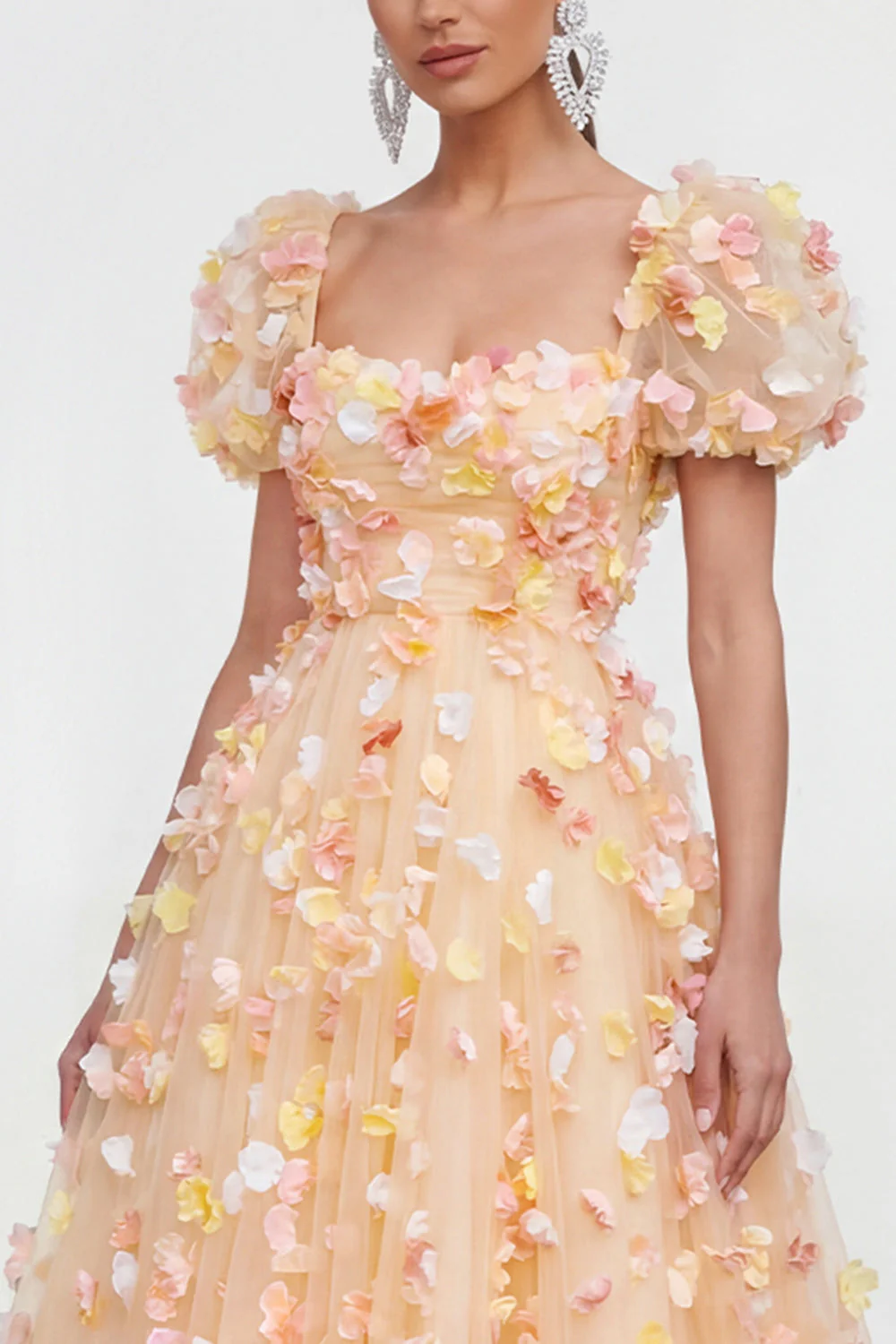 Champagne A Line Puff Sleeves Lace Up Back Floral Dress with 3D Flowers - Image 4