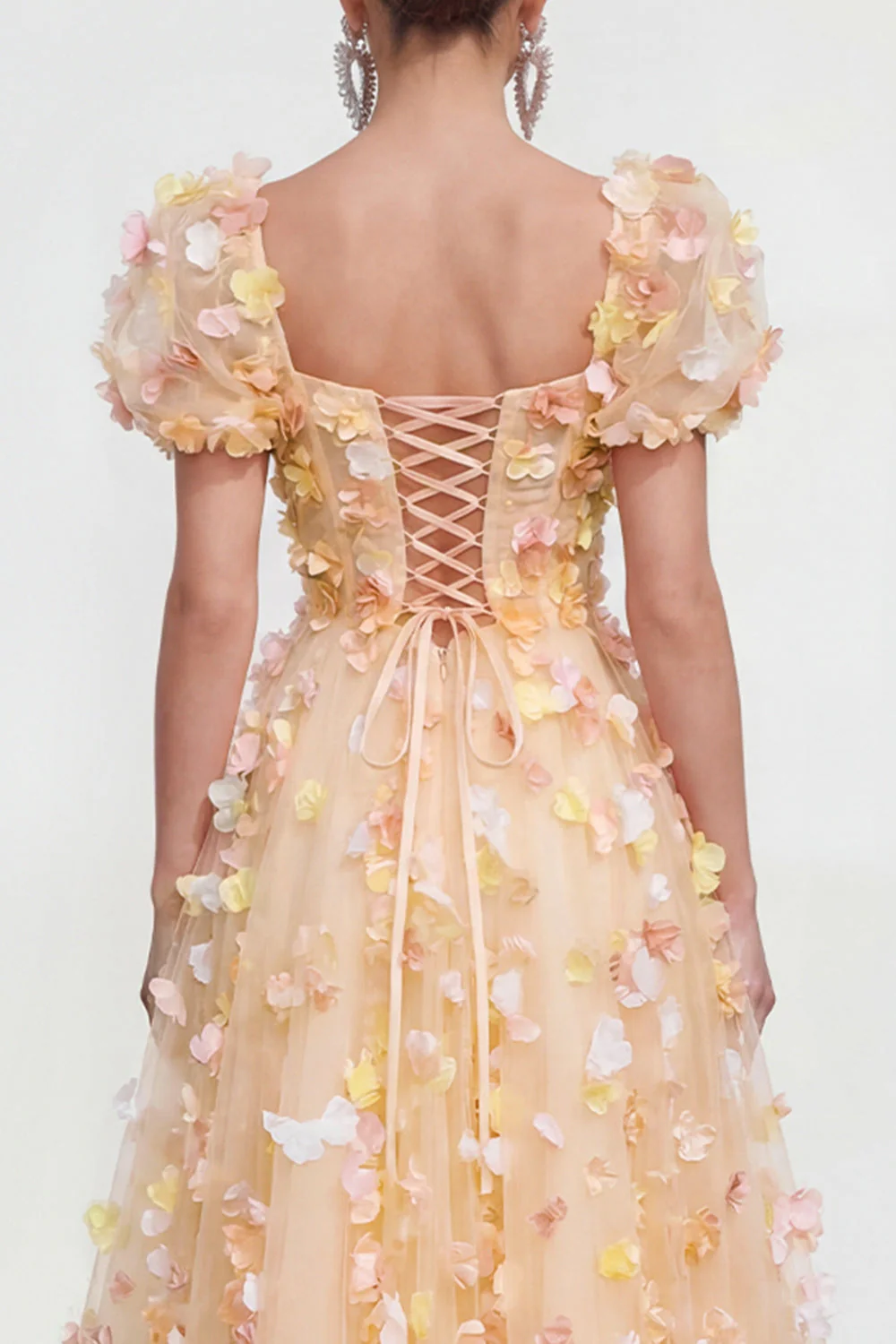 Champagne A Line Puff Sleeves Lace Up Back Floral Dress with 3D Flowers - Image 5