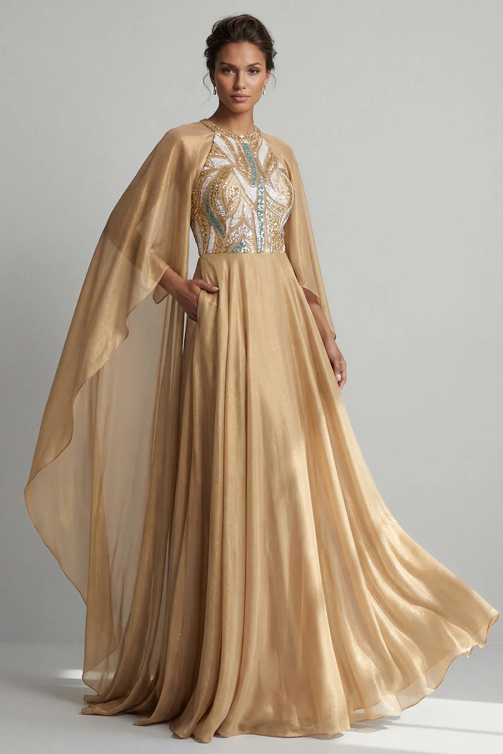 Champagne A-Line Round Neck Sequin Mother Of the Bride Dress with Cape