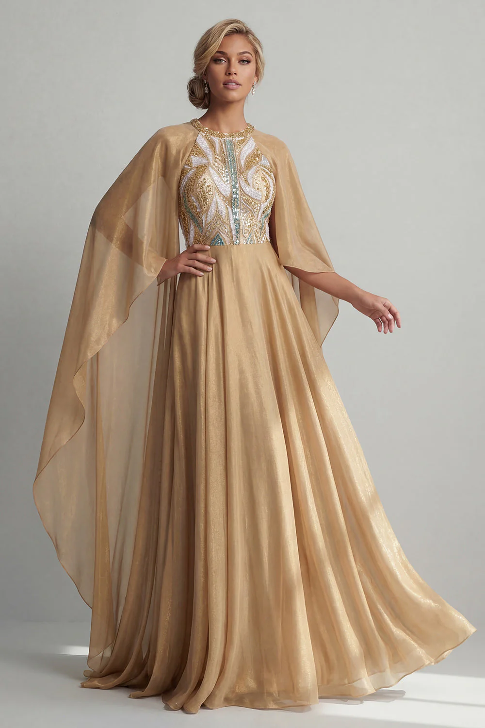 Champagne A-Line Round Neck Sequin Mother Of the Bride Dress with Cape - Image 3