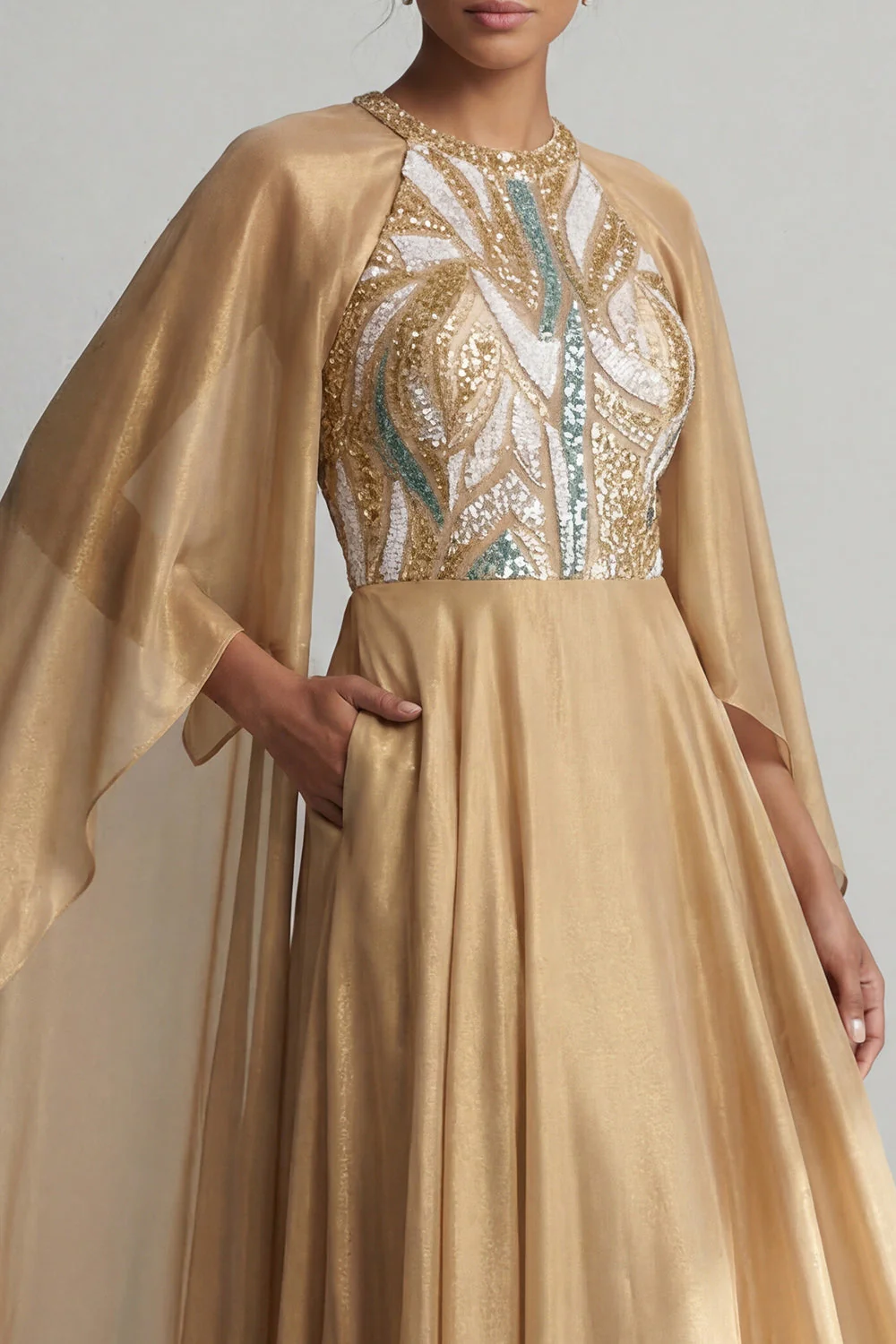 Champagne A-Line Round Neck Sequin Mother Of the Bride Dress with Cape - Image 4