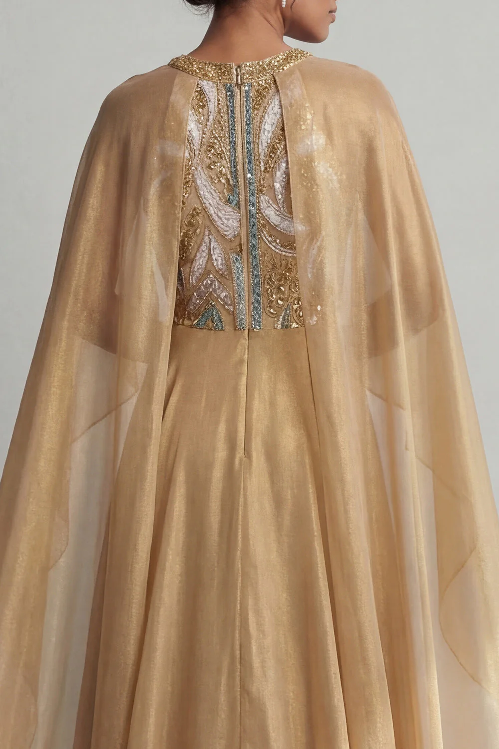 Champagne A-Line Round Neck Sequin Mother Of the Bride Dress with Cape - Image 5