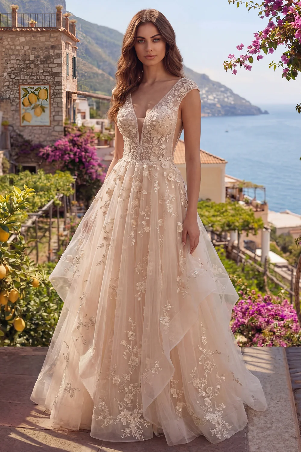 Champagne A Line Ruffled V-Neck Long Prom Dress with Appliques