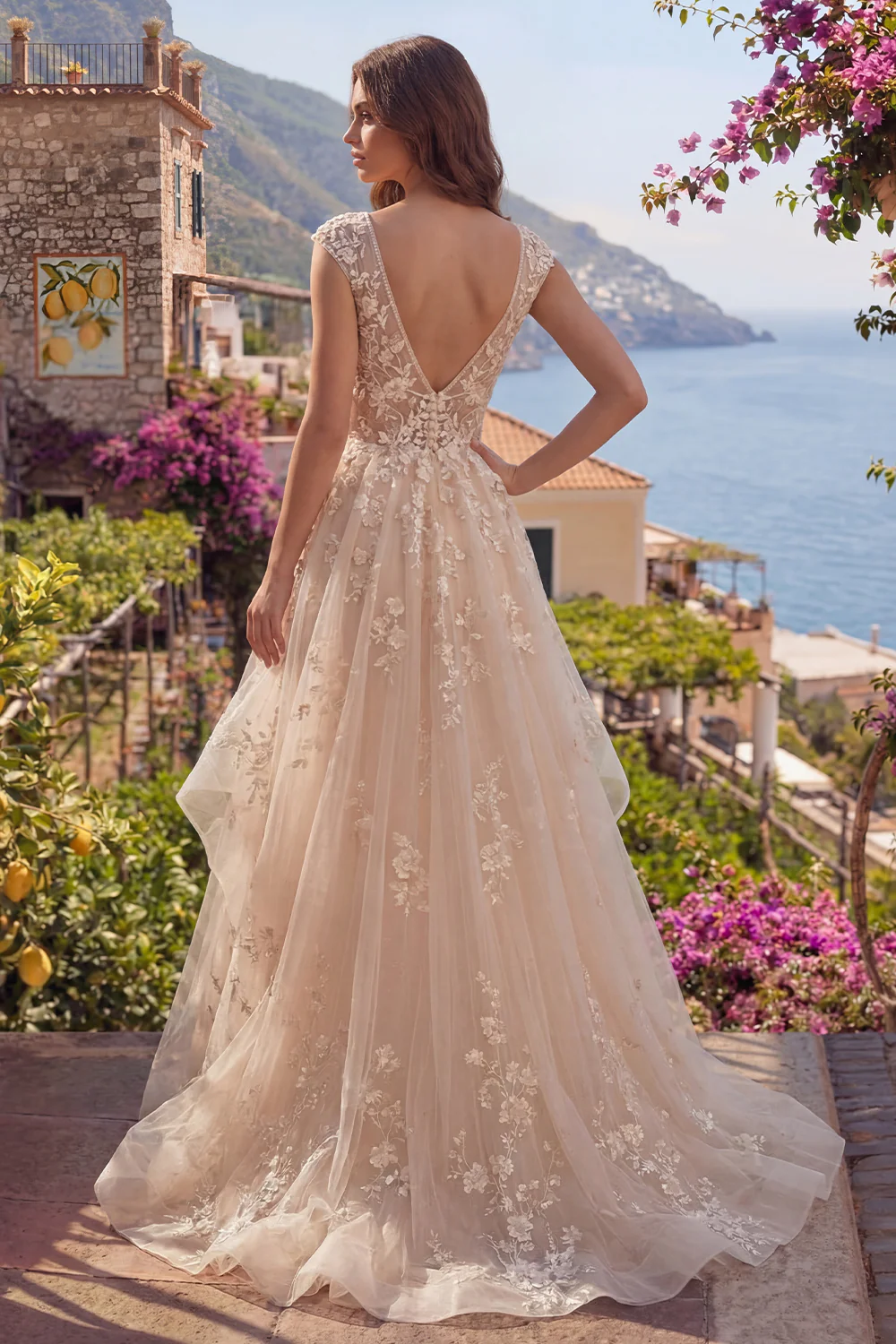 Champagne A Line Ruffled V-Neck Long Prom Dress with Appliques - Image 2