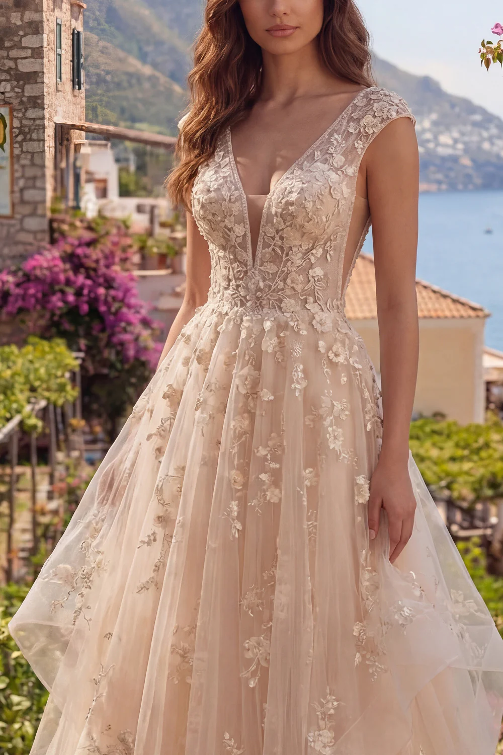 Champagne A Line Ruffled V-Neck Long Prom Dress with Appliques - Image 3