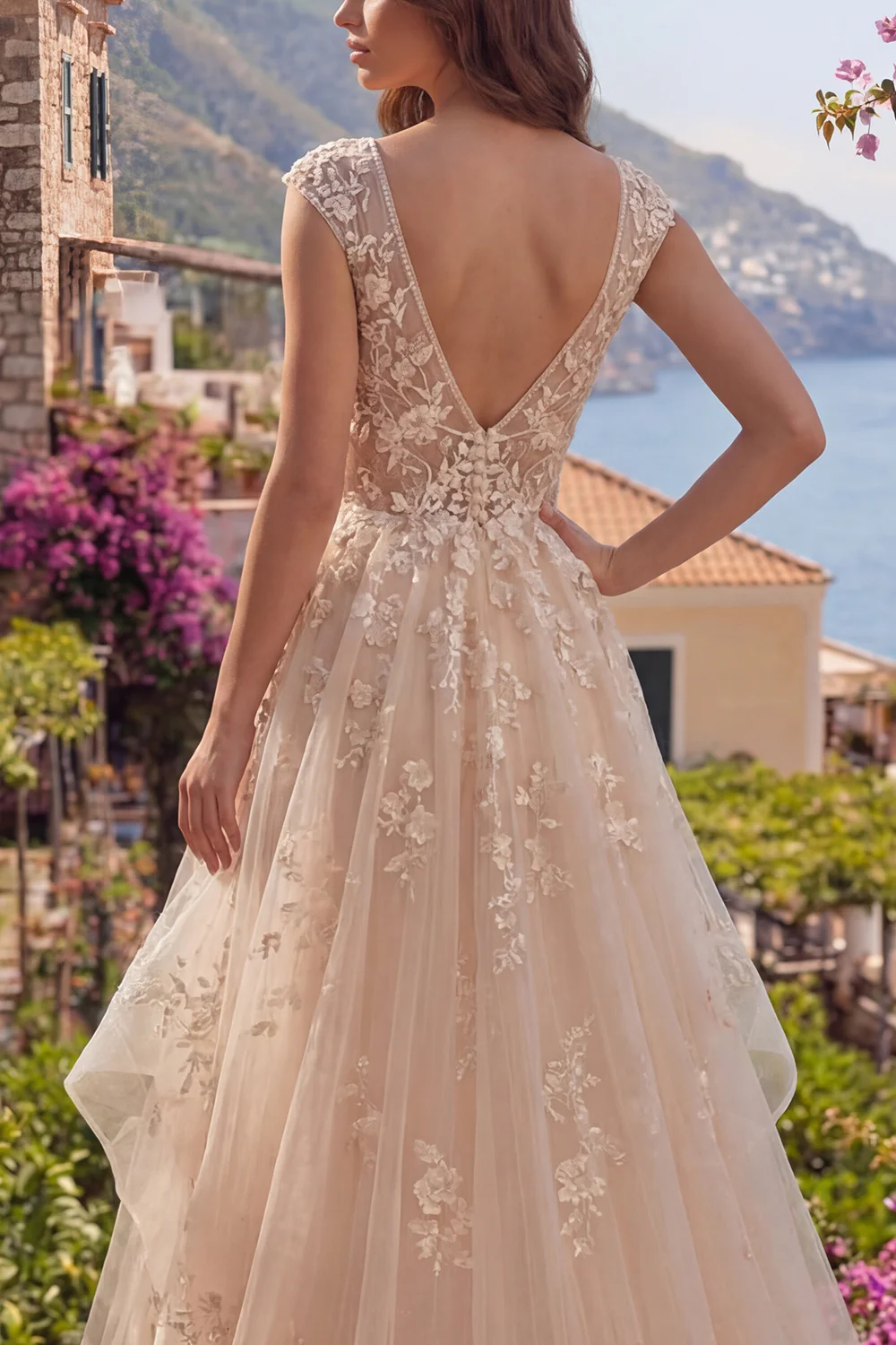 Champagne A Line Ruffled V-Neck Long Prom Dress with Appliques - Image 4