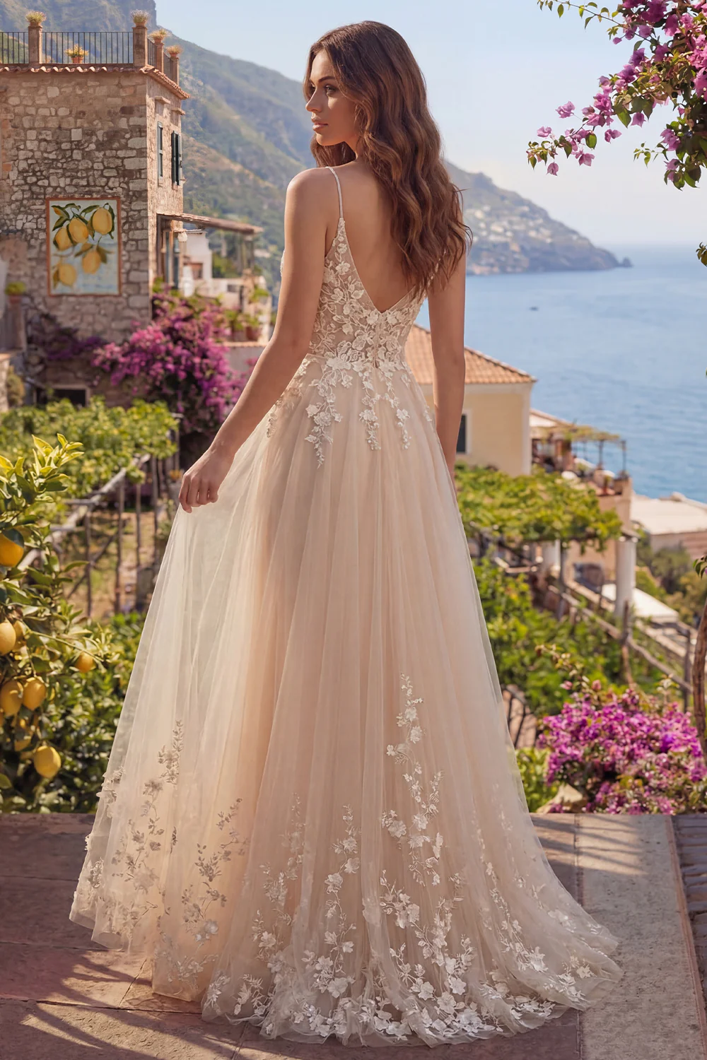 Champagne A Line Tulle 3D Flowers Spaghetti Straps Long Prom Dress - Image 2