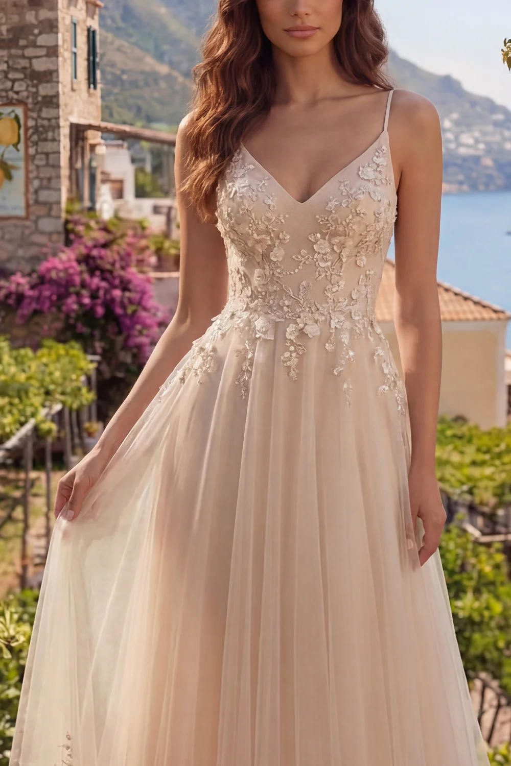 Champagne A Line Tulle 3D Flowers Spaghetti Straps Long Prom Dress - Image 3