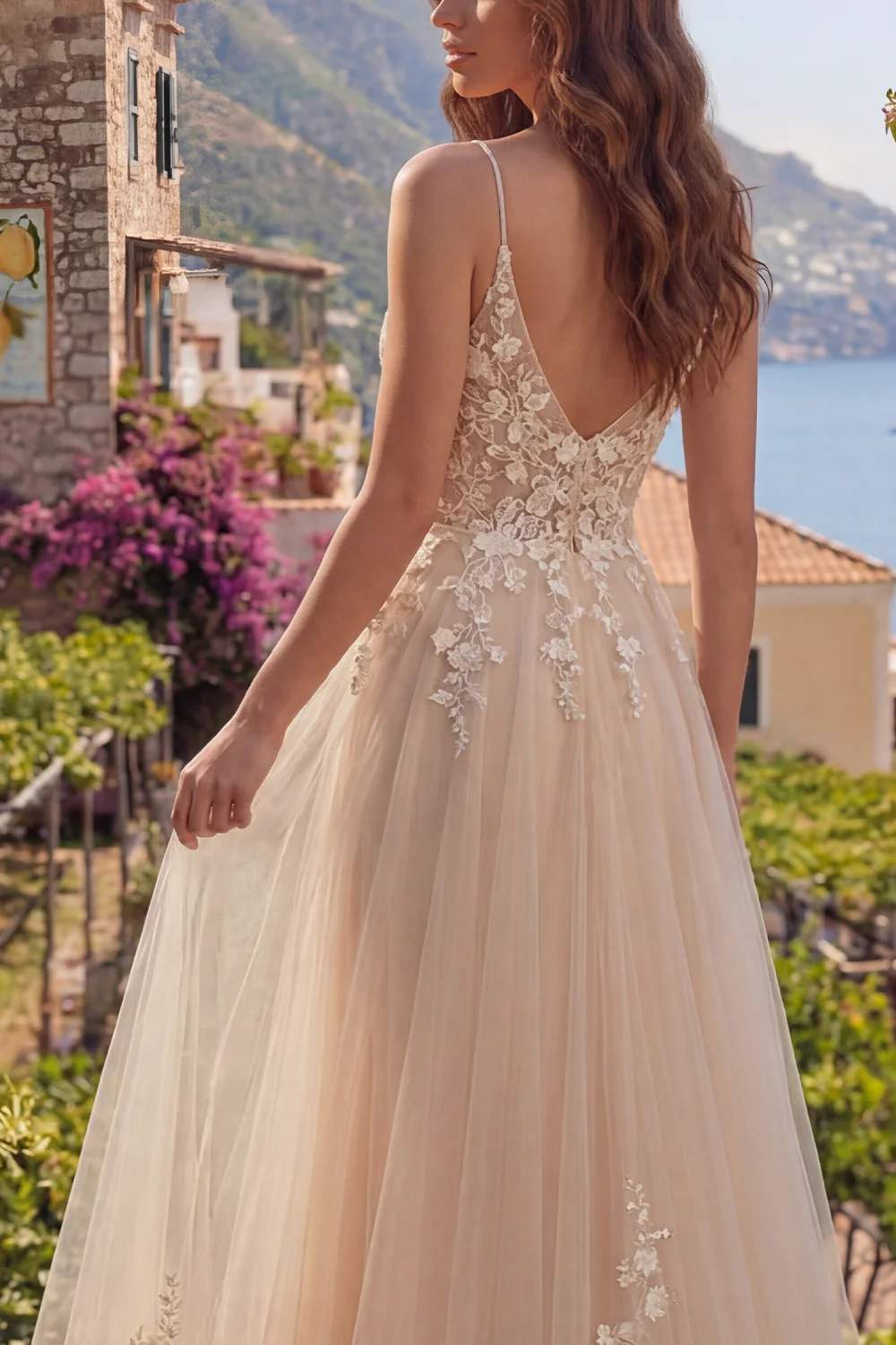 Champagne A Line Tulle 3D Flowers Spaghetti Straps Long Prom Dress - Image 4