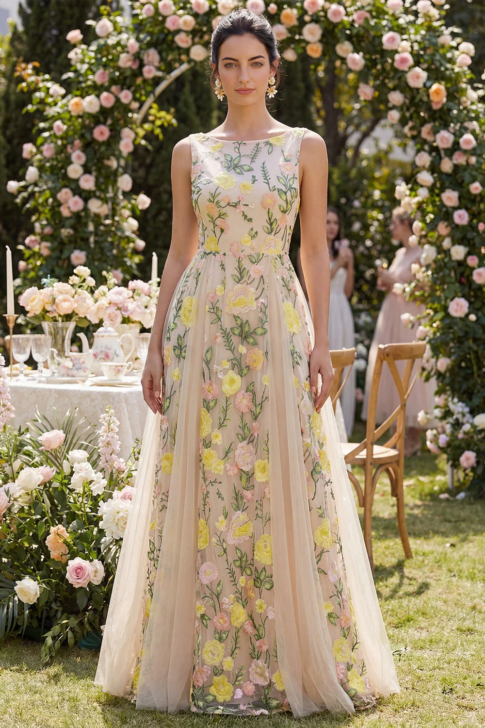 Champagne A-Line Tulle Bateau Neck Embroidered Long Floral Dress