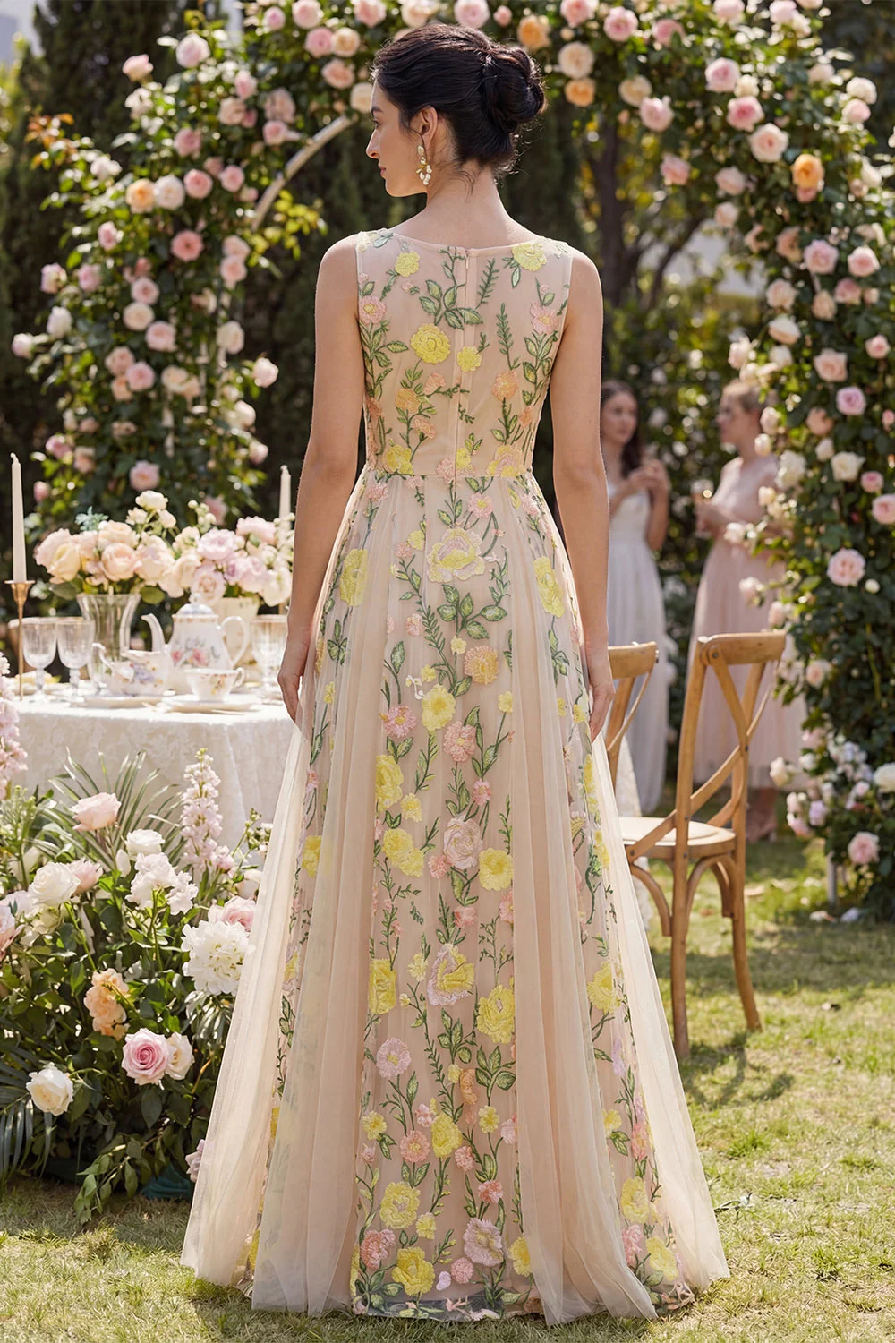 Champagne A-Line Tulle Bateau Neck Embroidered Long Floral Dress - Image 2