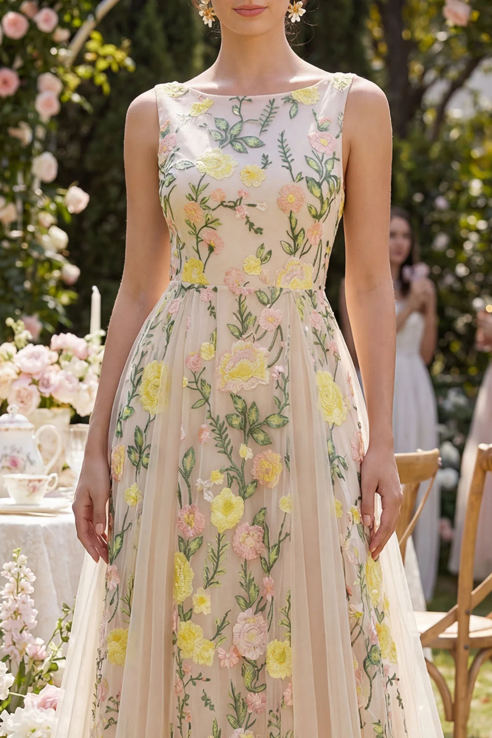 Champagne A-Line Tulle Bateau Neck Embroidered Long Floral Dress - Image 3