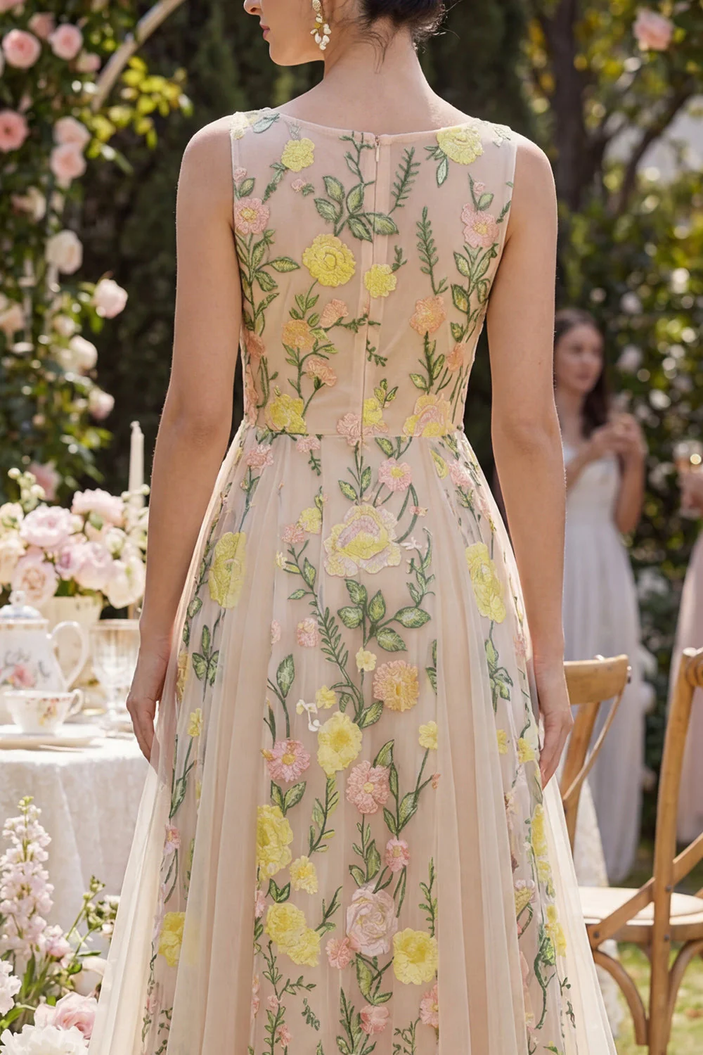 Champagne A-Line Tulle Bateau Neck Embroidered Long Floral Dress - Image 4