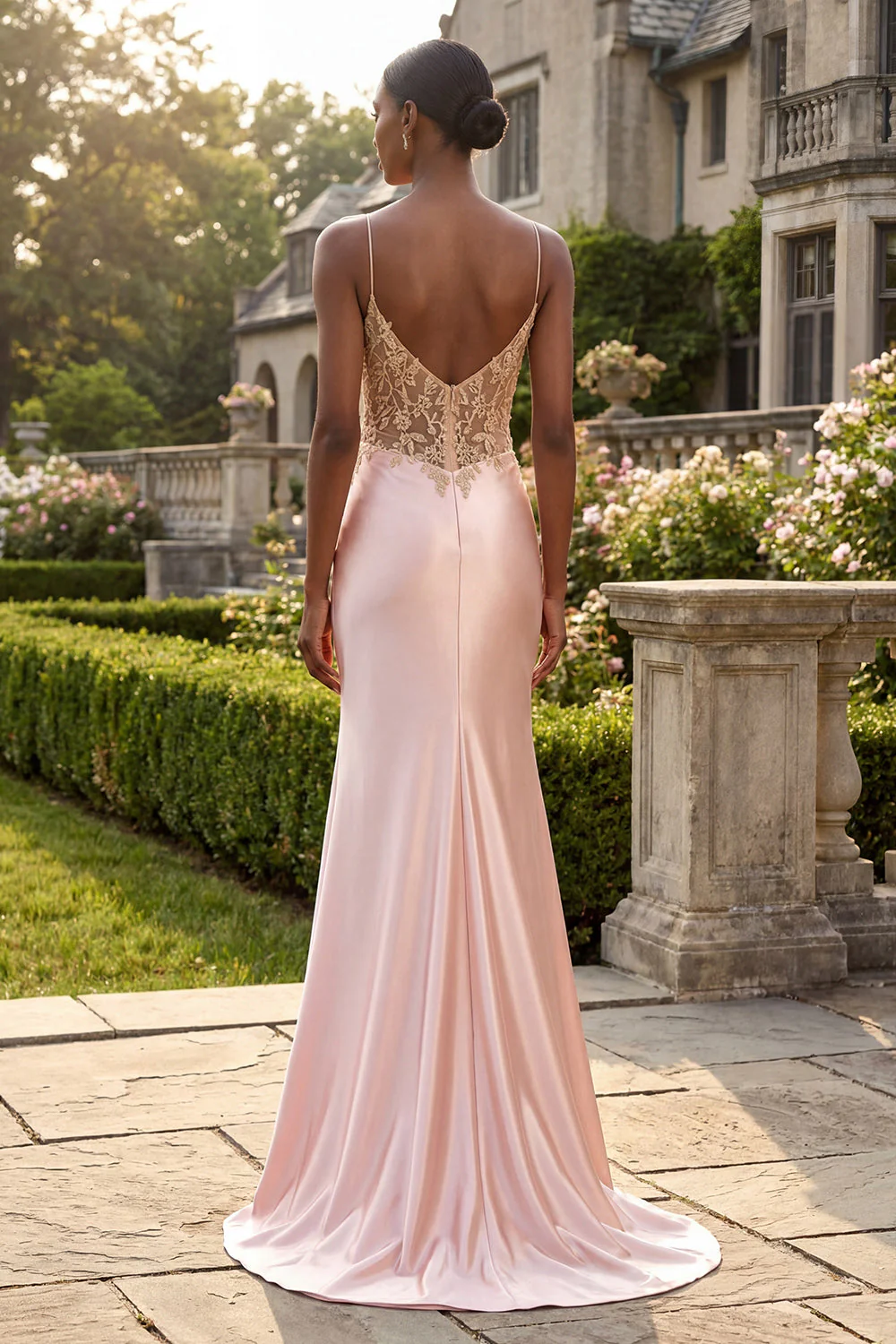 Champagne Mermaid Appliqued Corset Long Prom Dress with Slit - Image 2