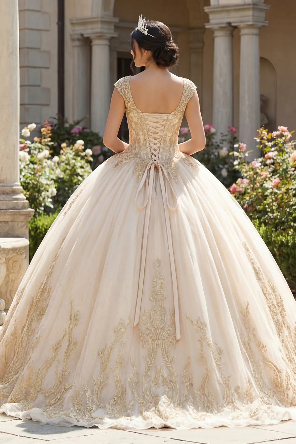 Champagne Appliqued V Neck Ball Gown Quinceanera Dress - Image 2