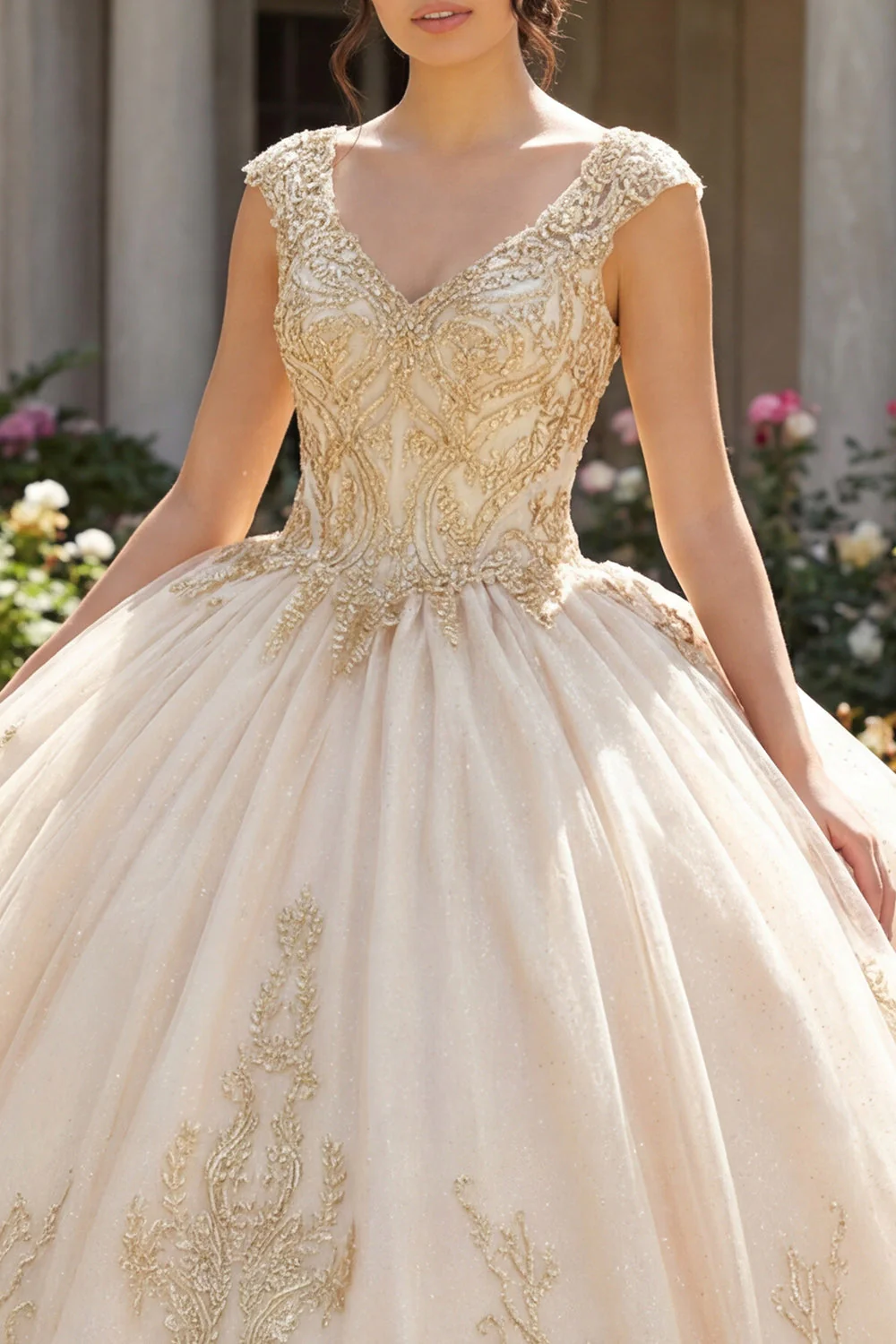 Champagne Appliqued V Neck Ball Gown Quinceanera Dress - Image 3