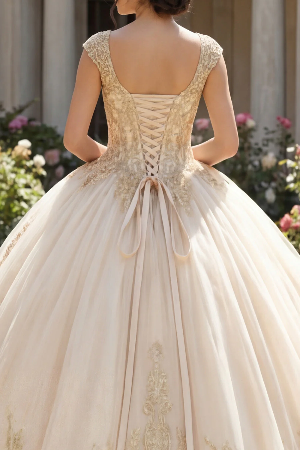 Champagne Appliqued V Neck Ball Gown Quinceanera Dress - Image 4