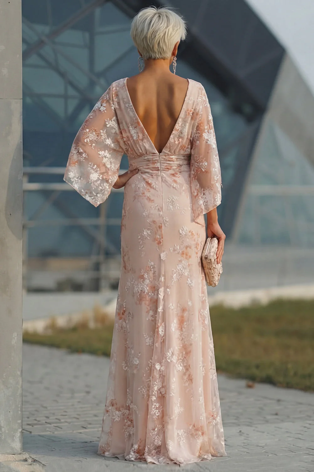 Champagne Bateau Neck Sheath Floral Long Mother Of the Bride Dress - Image 2