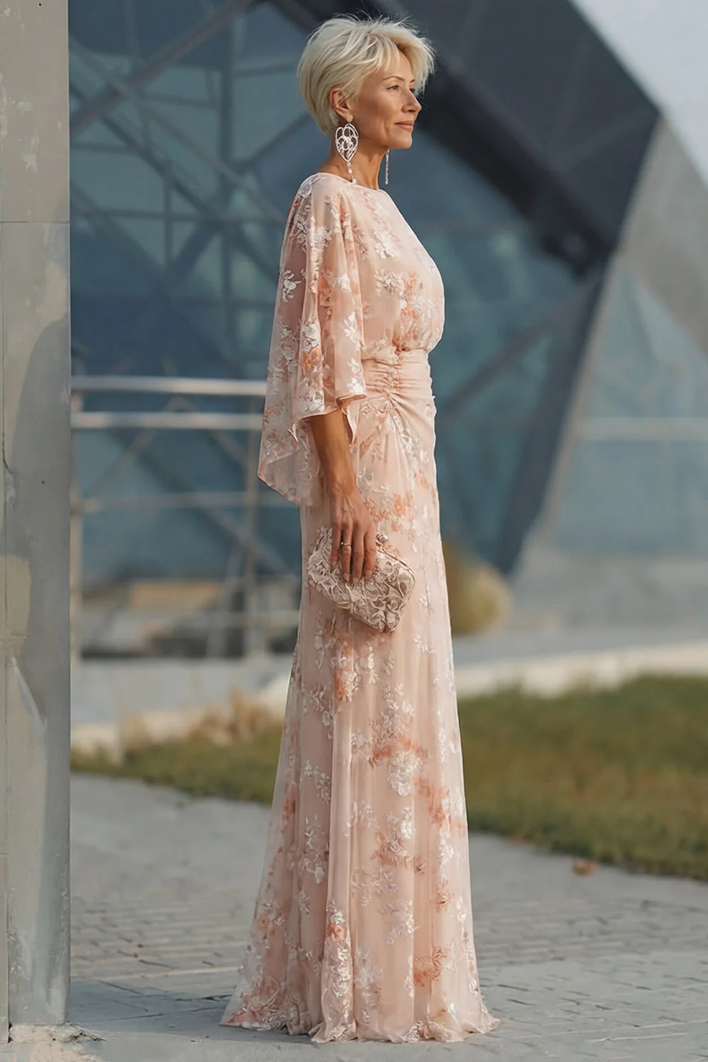 Champagne Bateau Neck Sheath Floral Long Mother Of the Bride Dress - Image 3