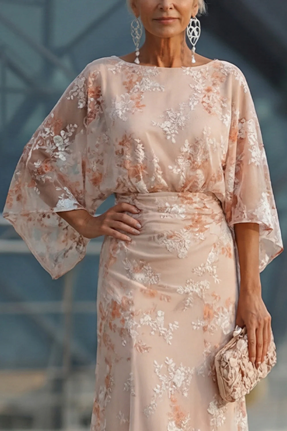 Champagne Bateau Neck Sheath Floral Long Mother Of the Bride Dress - Image 4