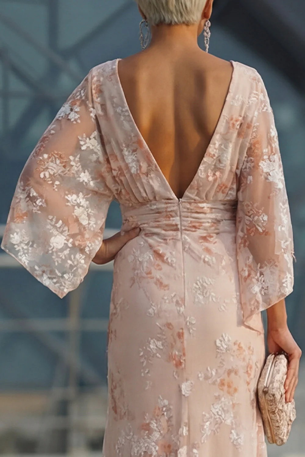 Champagne Bateau Neck Sheath Floral Long Mother Of the Bride Dress - Image 5