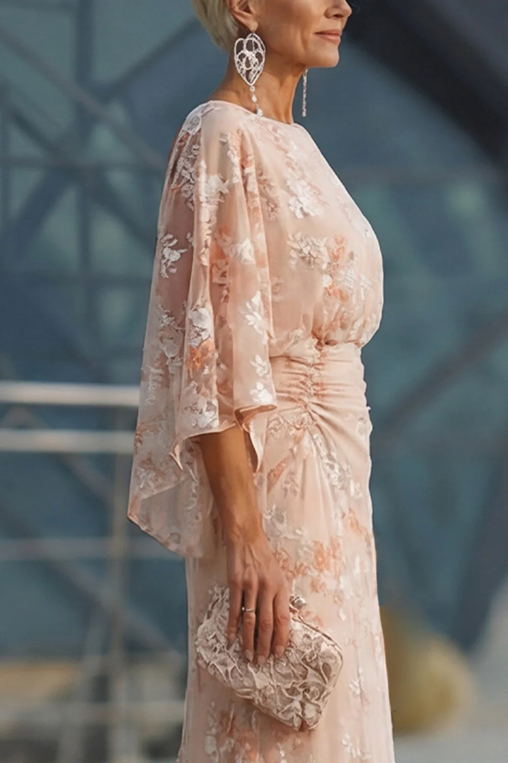 Champagne Bateau Neck Sheath Floral Long Mother Of the Bride Dress - Image 6