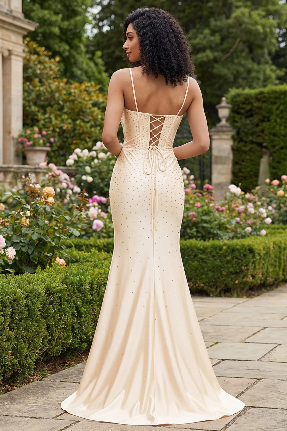 Champagne Mermaid Beaded Corset Long Prom Dress with Slit - Image 2