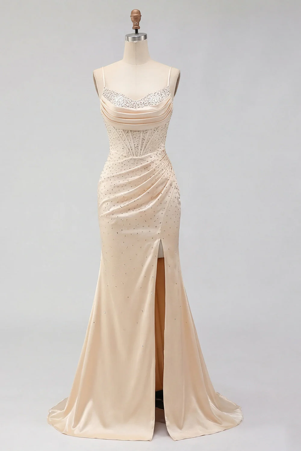 Champagne Mermaid Beaded Corset Long Prom Dress with Slit - Image 5