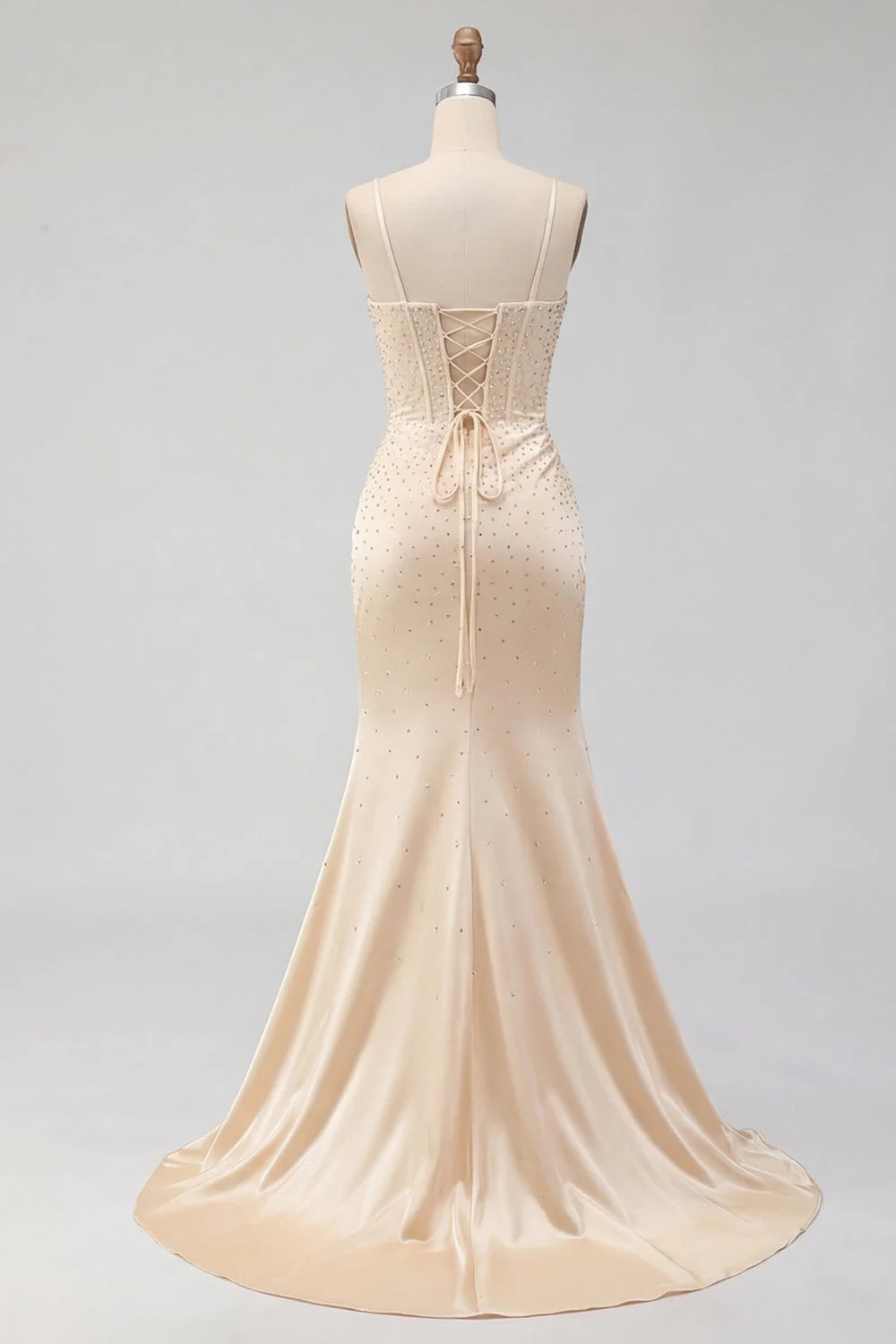Champagne Mermaid Beaded Corset Long Prom Dress with Slit - Image 6