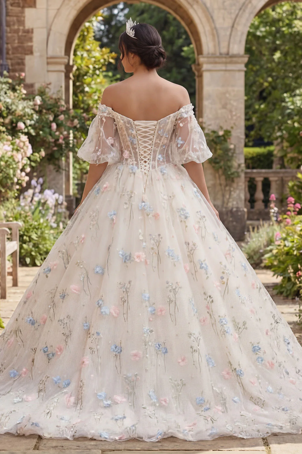 Champagne Corset Floral Ball Gown Quinceanera Dress - Image 2