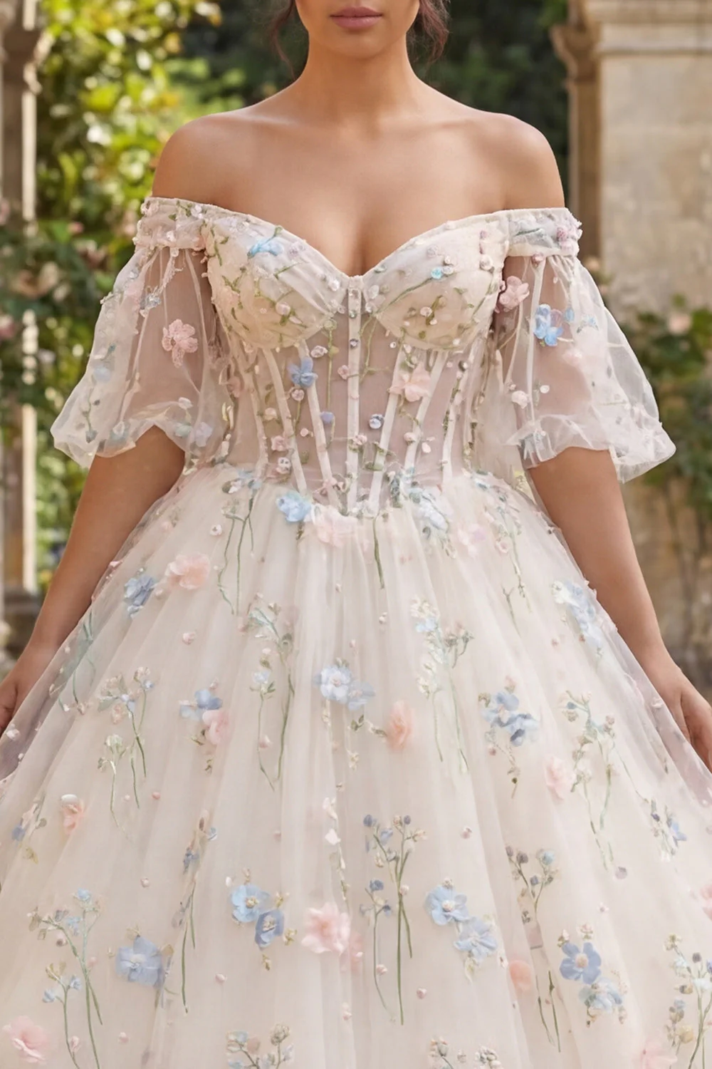 Champagne Corset Floral Ball Gown Quinceanera Dress - Image 3