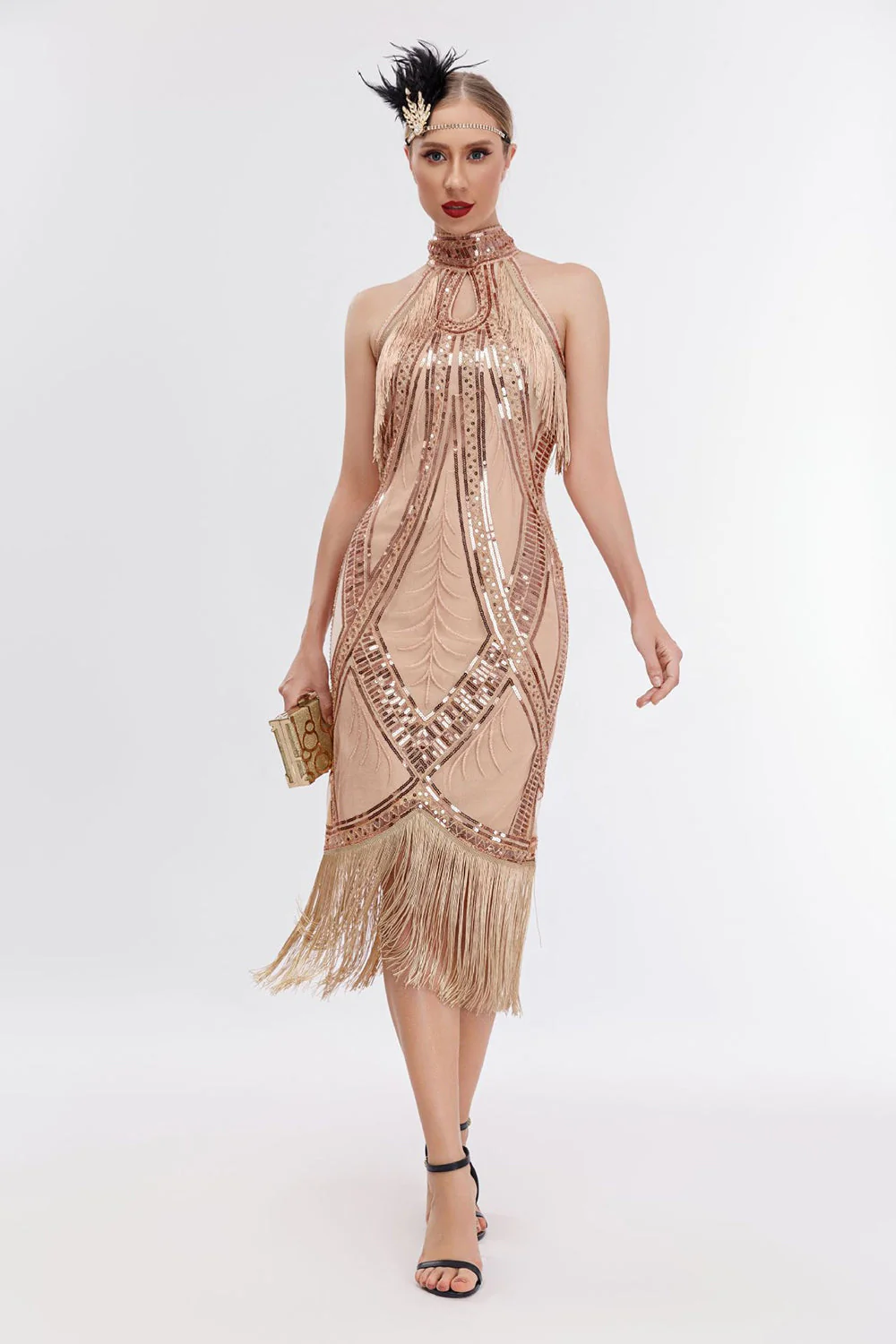 Champagne Halter 1920s Dress with Sequins - Image 2