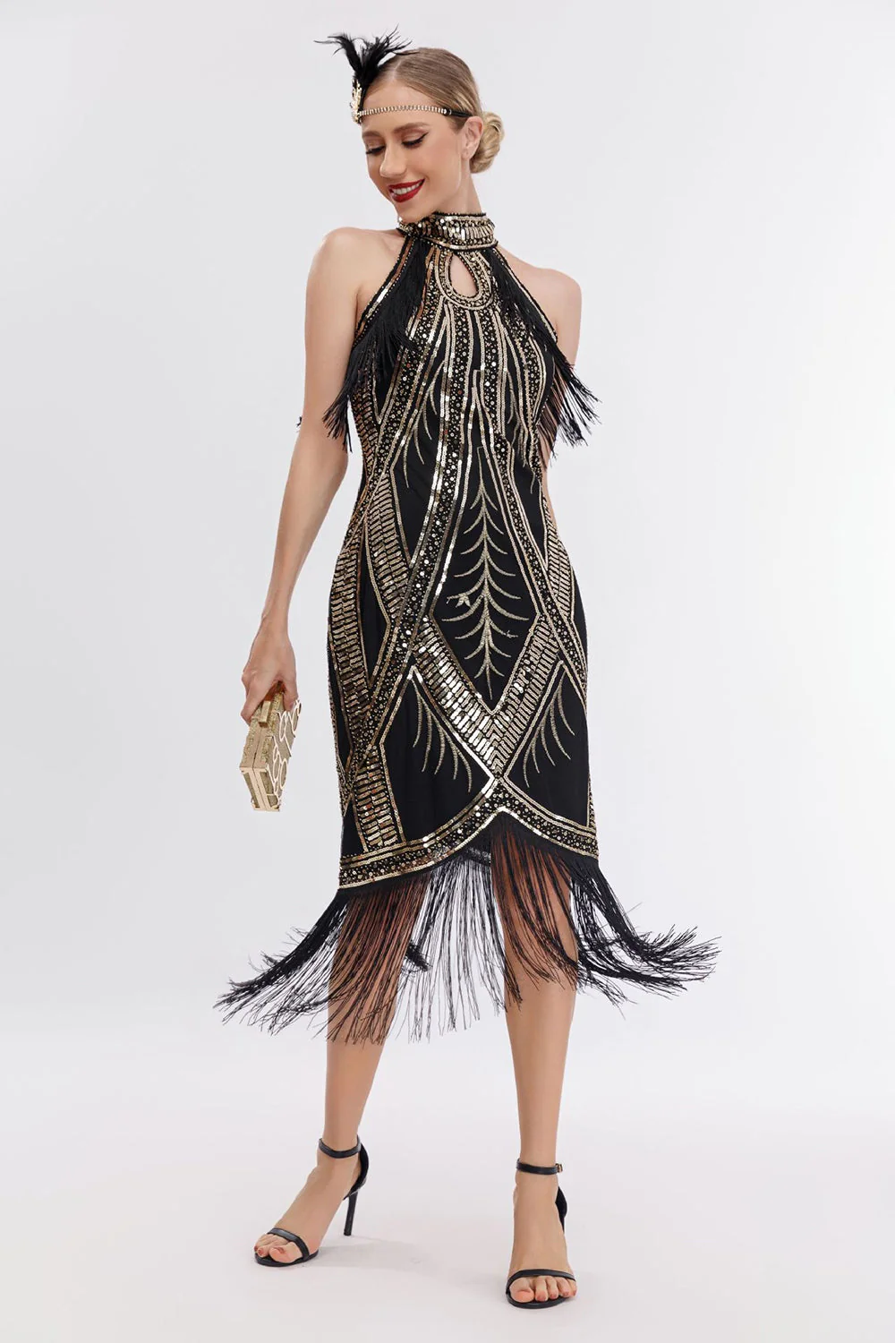 Champagne Halter 1920s Dress with Sequins - Image 5