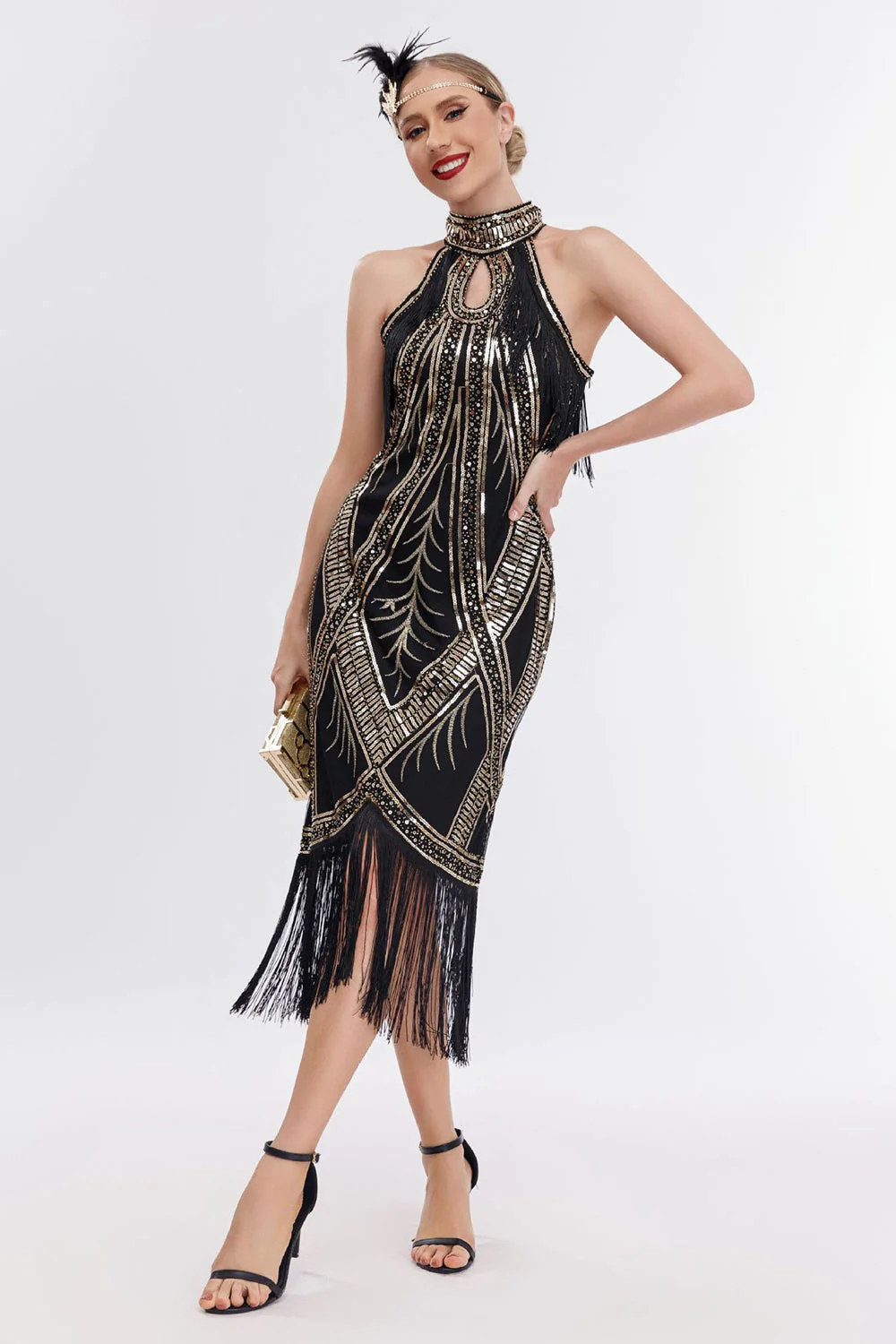 Champagne Halter 1920s Dress with Sequins - Image 6