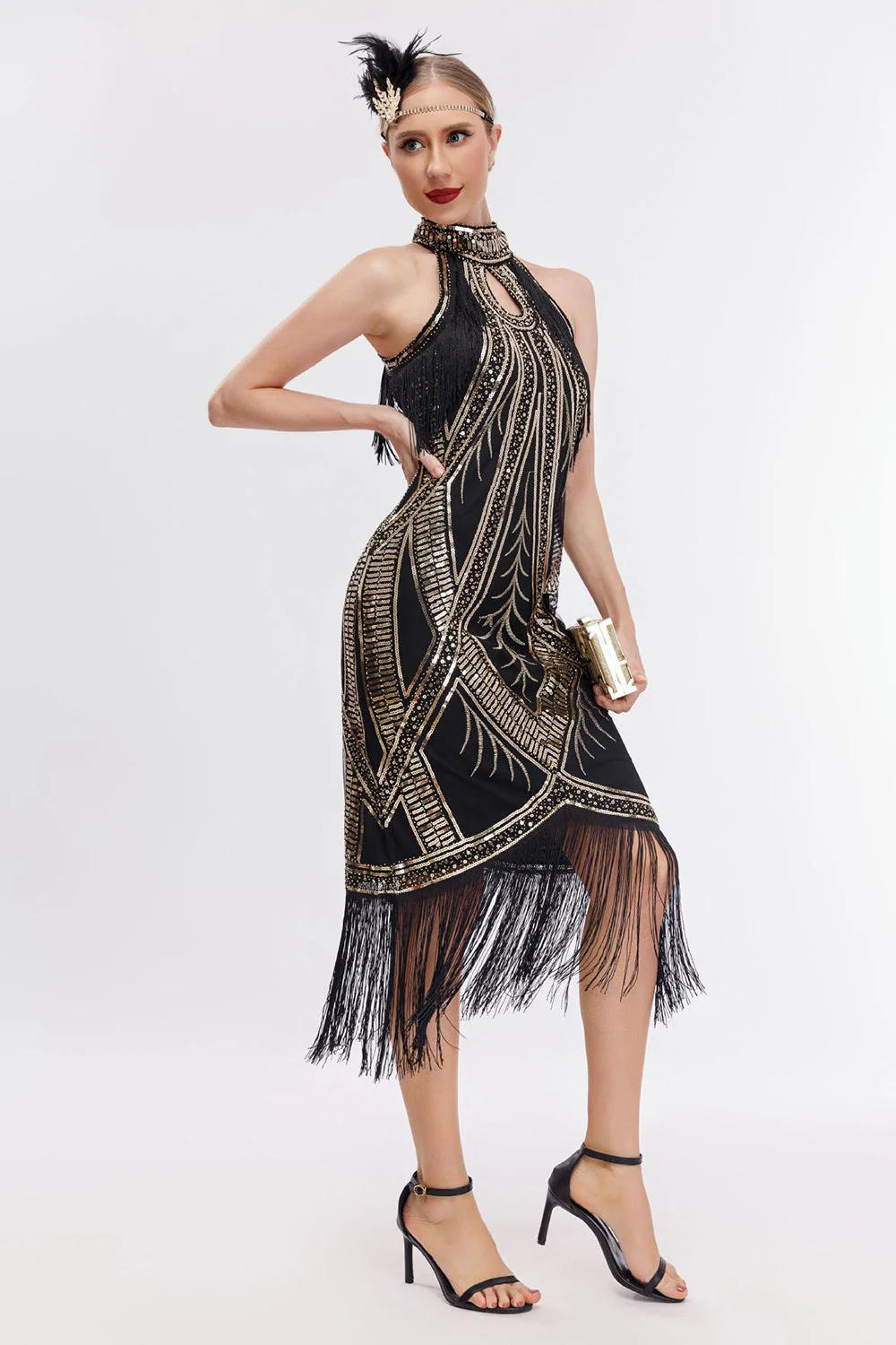 Champagne Halter 1920s Dress with Sequins - Image 7