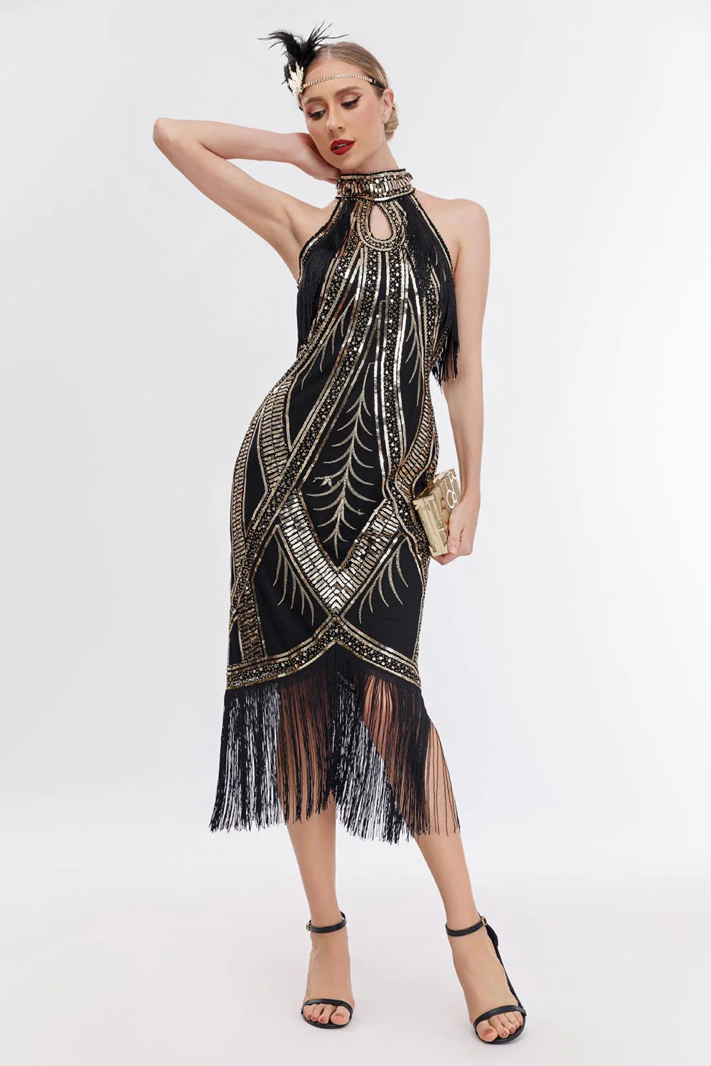 Champagne Halter 1920s Dress with Sequins - Image 8