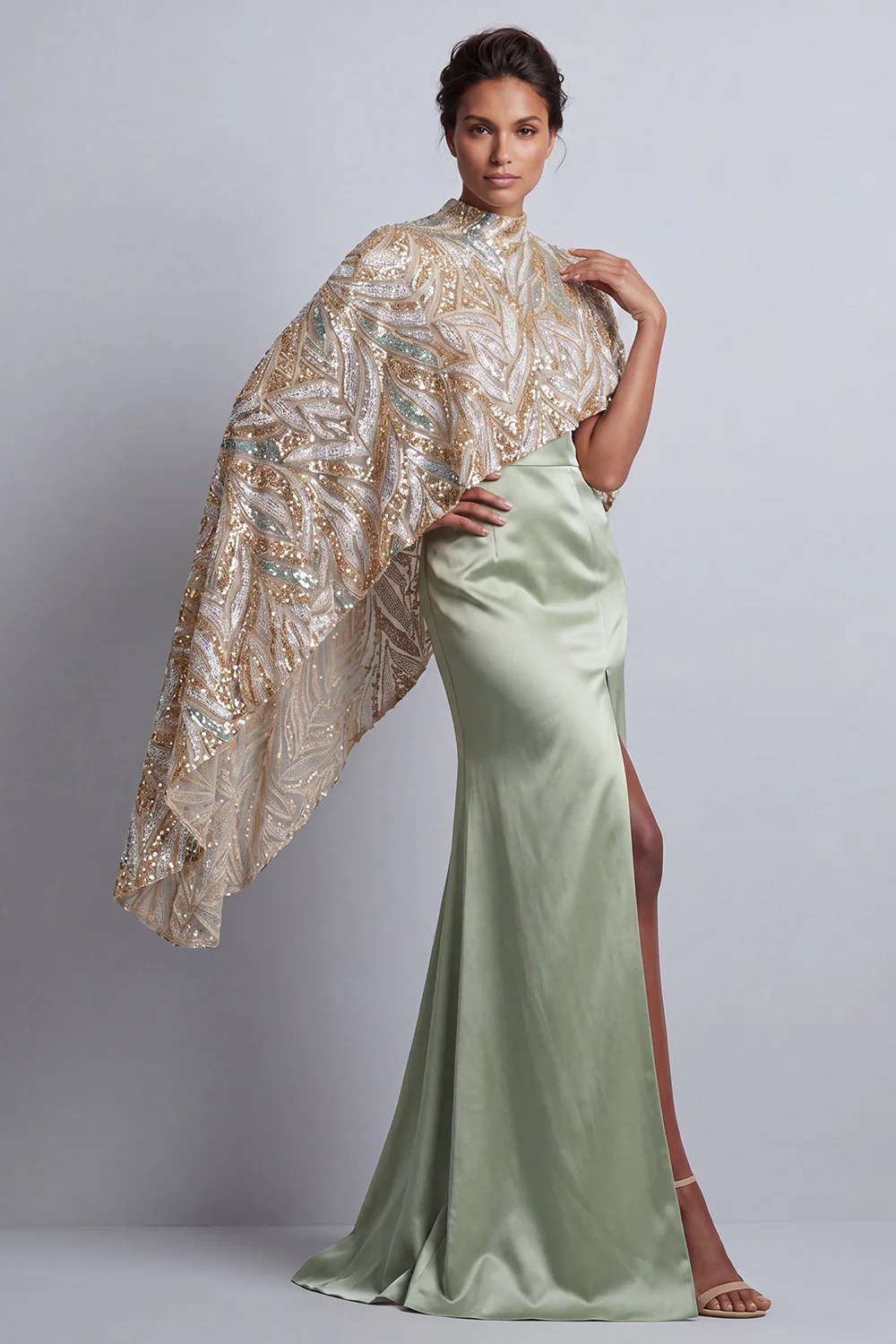 Champagne Mermaid Sequins Side Slit Mother of the Bride Dress with Detachable Cape - Image 10