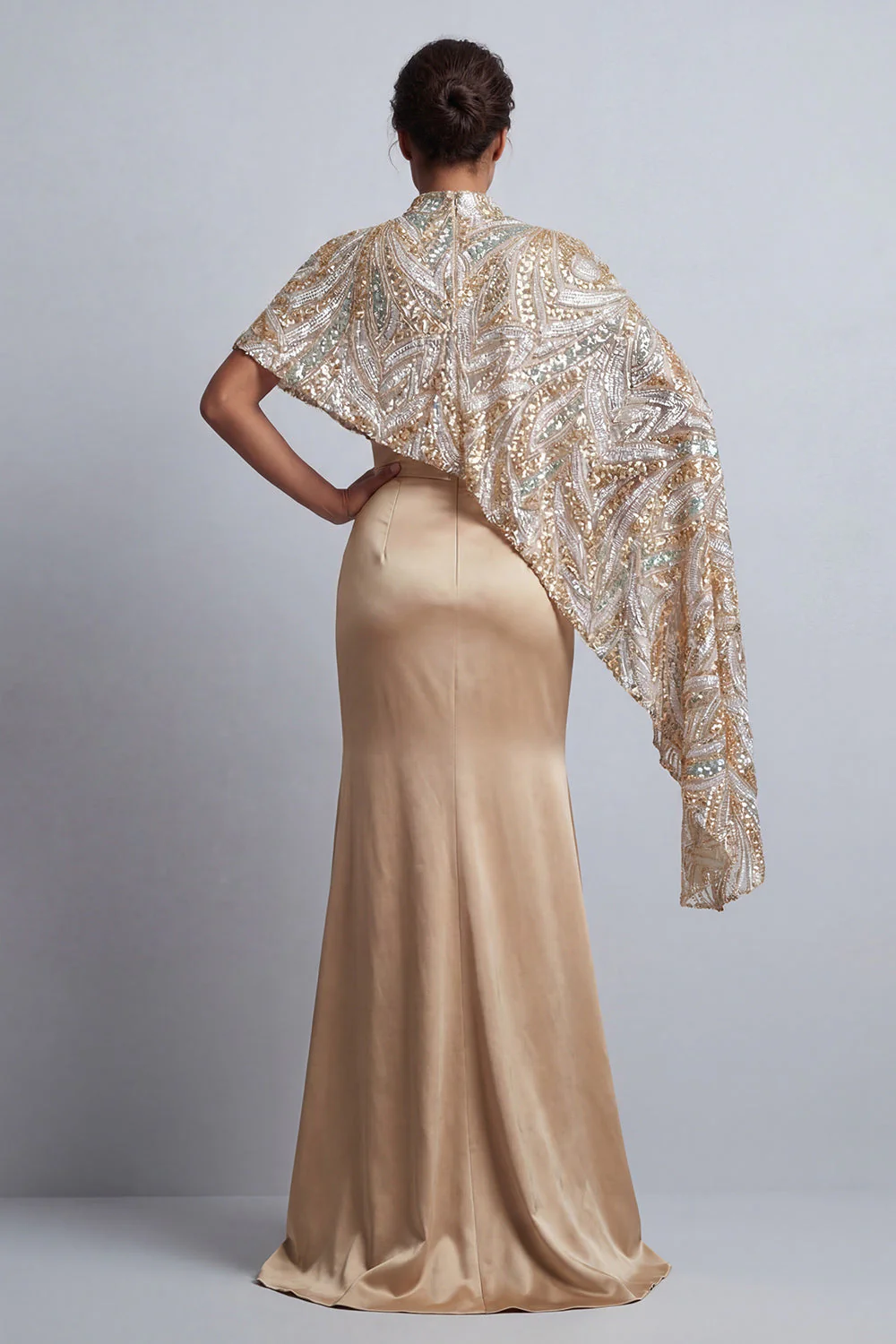Champagne Mermaid Sequins Side Slit Mother of the Bride Dress with Detachable Cape - Image 2