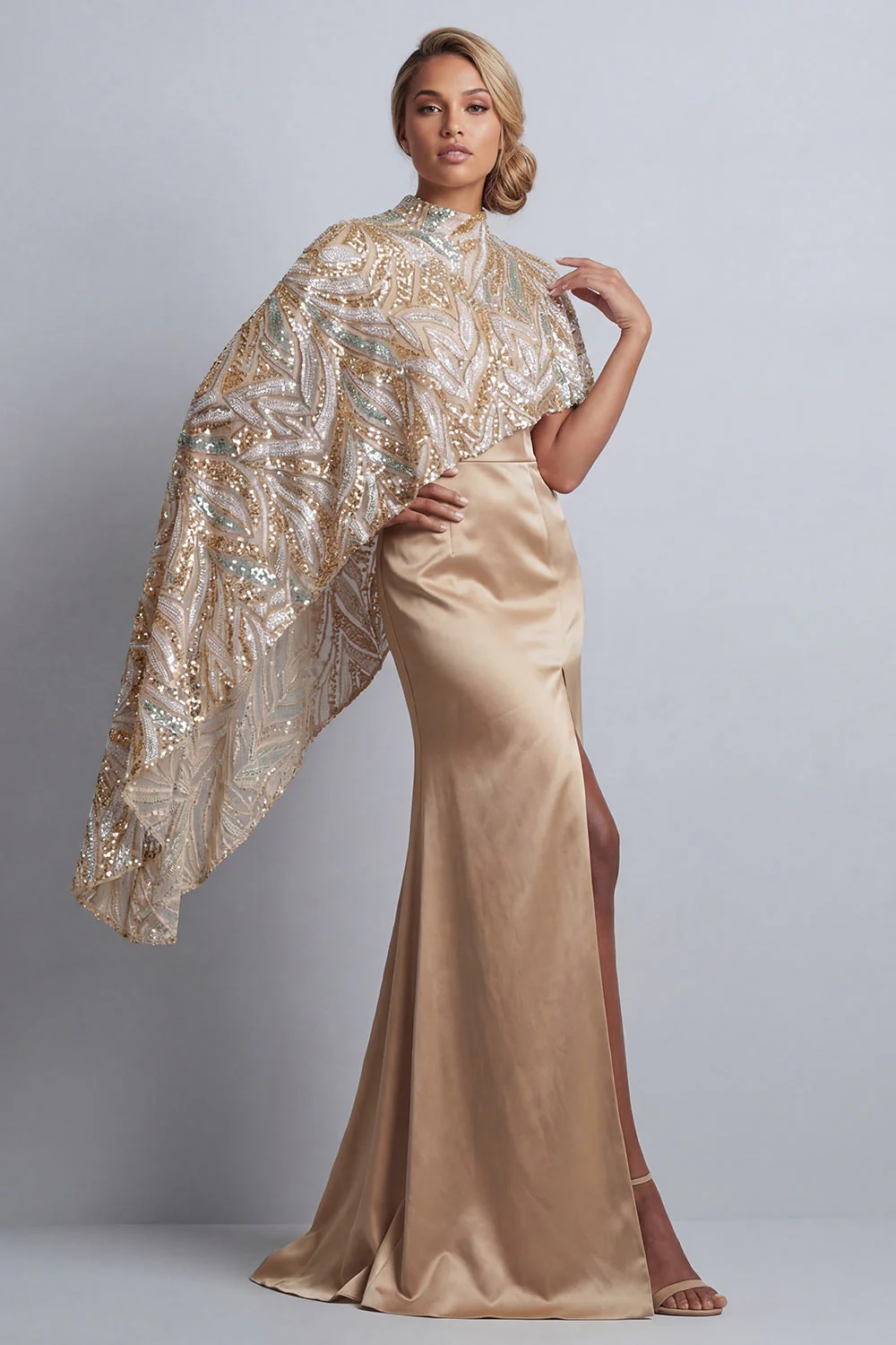 Champagne Mermaid Sequins Side Slit Mother of the Bride Dress with Detachable Cape - Image 3